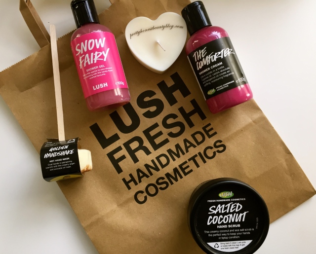 Lush Haul 2015 The Comforter Body Wash Snow Fairy Body Wash, Golden Hand Shake Hand Mask Salted Coconut Hand scrub review 